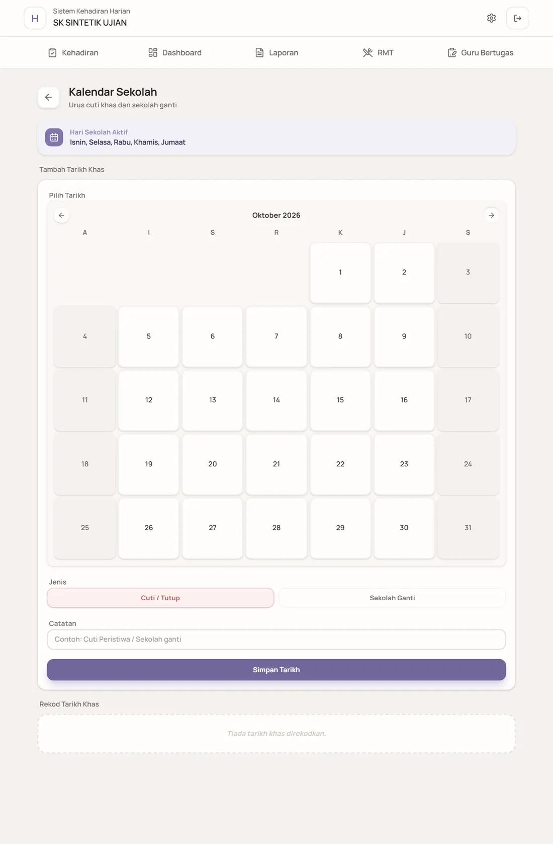 Halaman Kalendar Sekolah dengan kalendar bulan dan borang Tambah Tarikh Khas