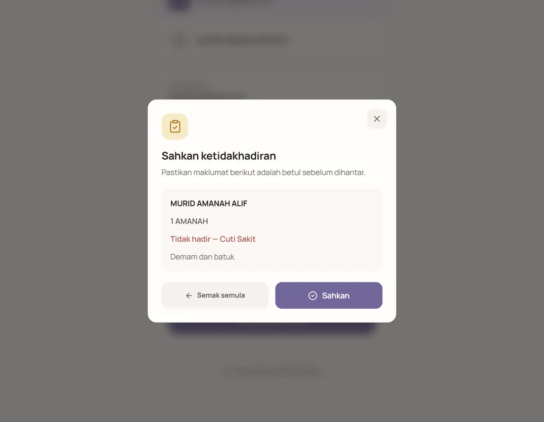 Tetingkap Sahkan ketidakhadiran