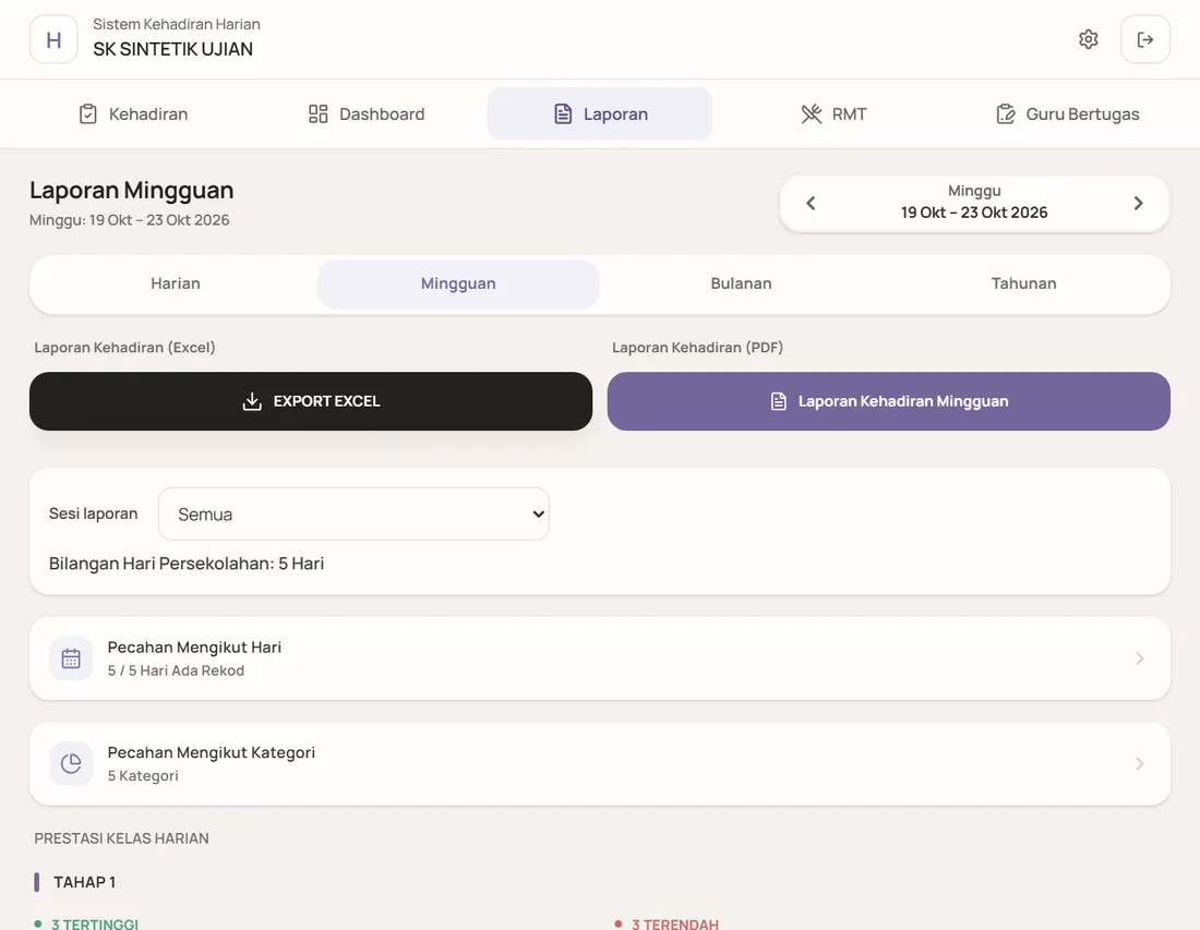 Laporan Mingguan dengan pemilih minggu, butang Export Excel dan butang Laporan Kehadiran Mingguan