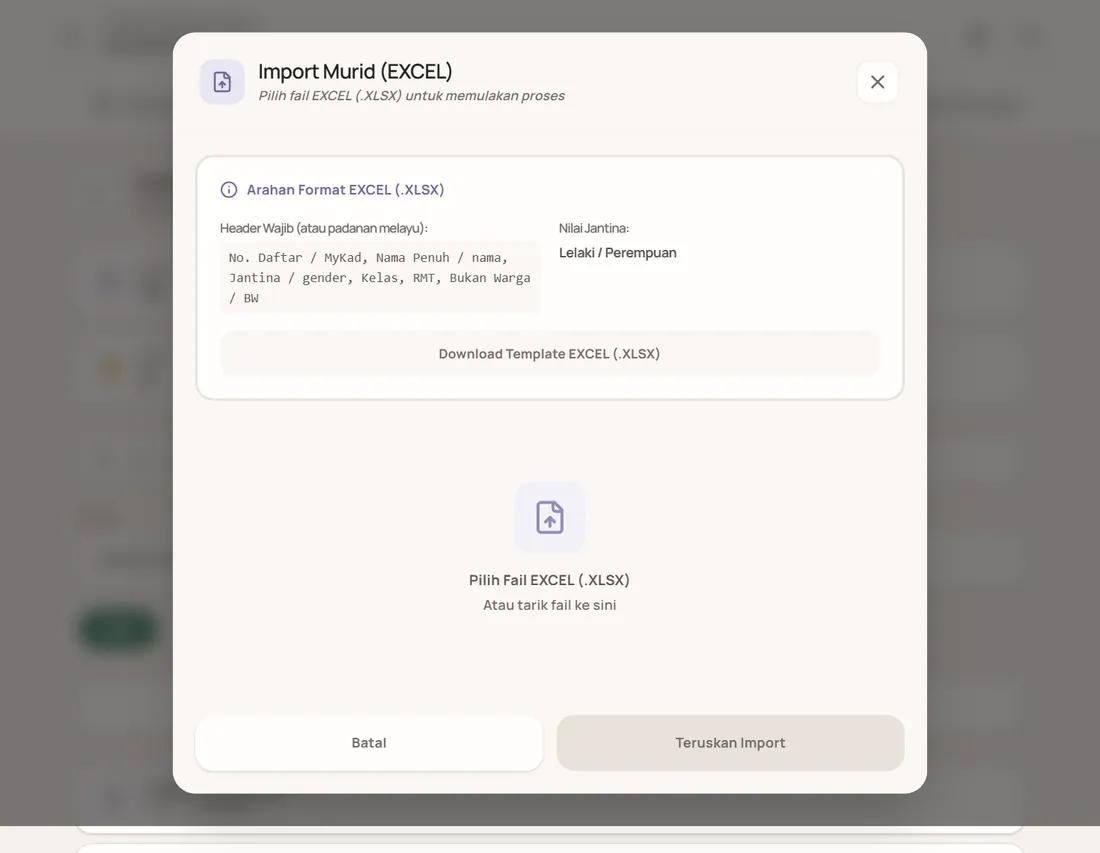 Tetingkap Import Murid (EXCEL) dengan arahan format